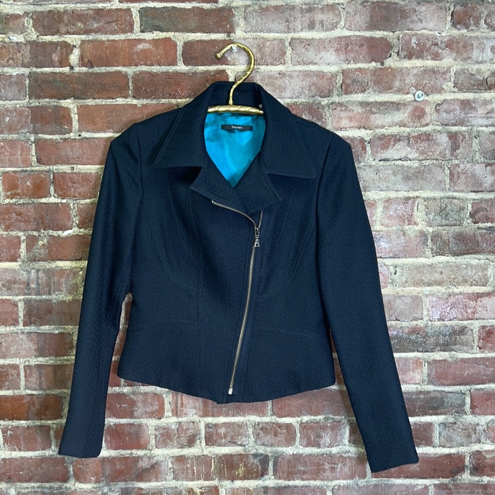Tahari dark navy blue tweed moto motorcycle cut style jacket blazer